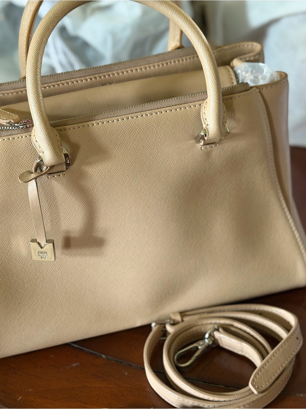 MCM Beige Structured Satchel with Removable Strap